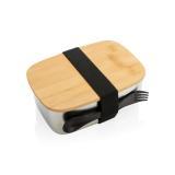 Stainless steel lunchbox with bamboo lid and spork, silver